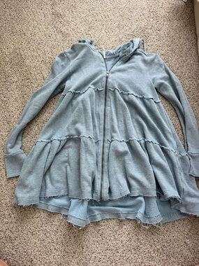 Free People Light Blue Hooded Zip-Up Jacket with Tiered Ruffle Hem